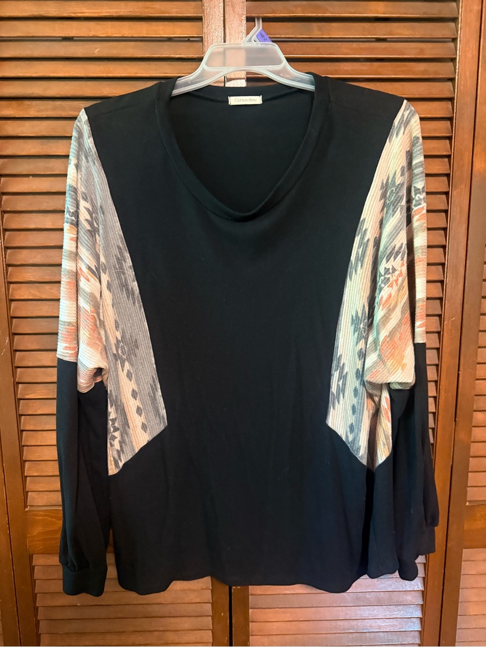 Cotton Bleu Black Pullover Top with Peach-Gray Patterned Sleeves